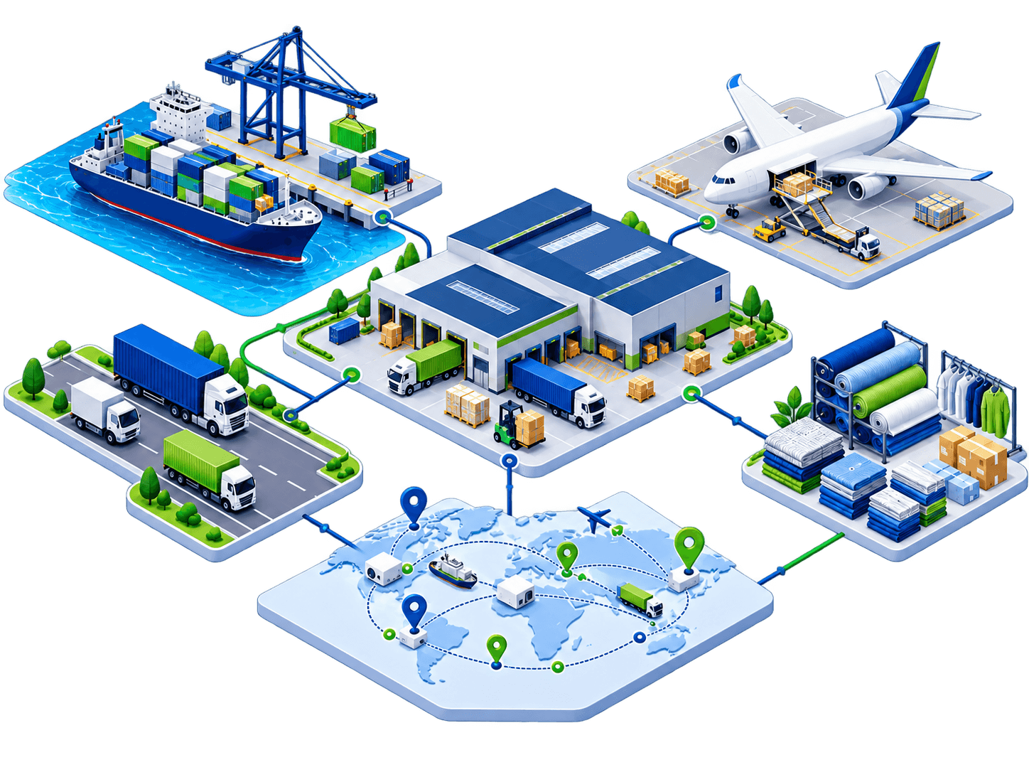 Road, sea and air freight connected with warehousing and textile supply